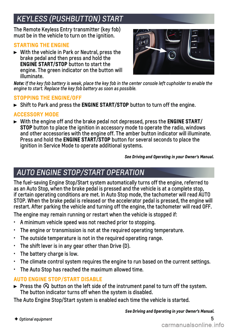 CHEVROLET SUBURBAN 2021  Get To Know Guide 5F Optional equipment
The fuel-saving Engine Stop/Start system automatically turns off the eng\
ine, referred to as an Auto Stop, when the brake pedal is pressed and the vehicle is at a\
 complete sto