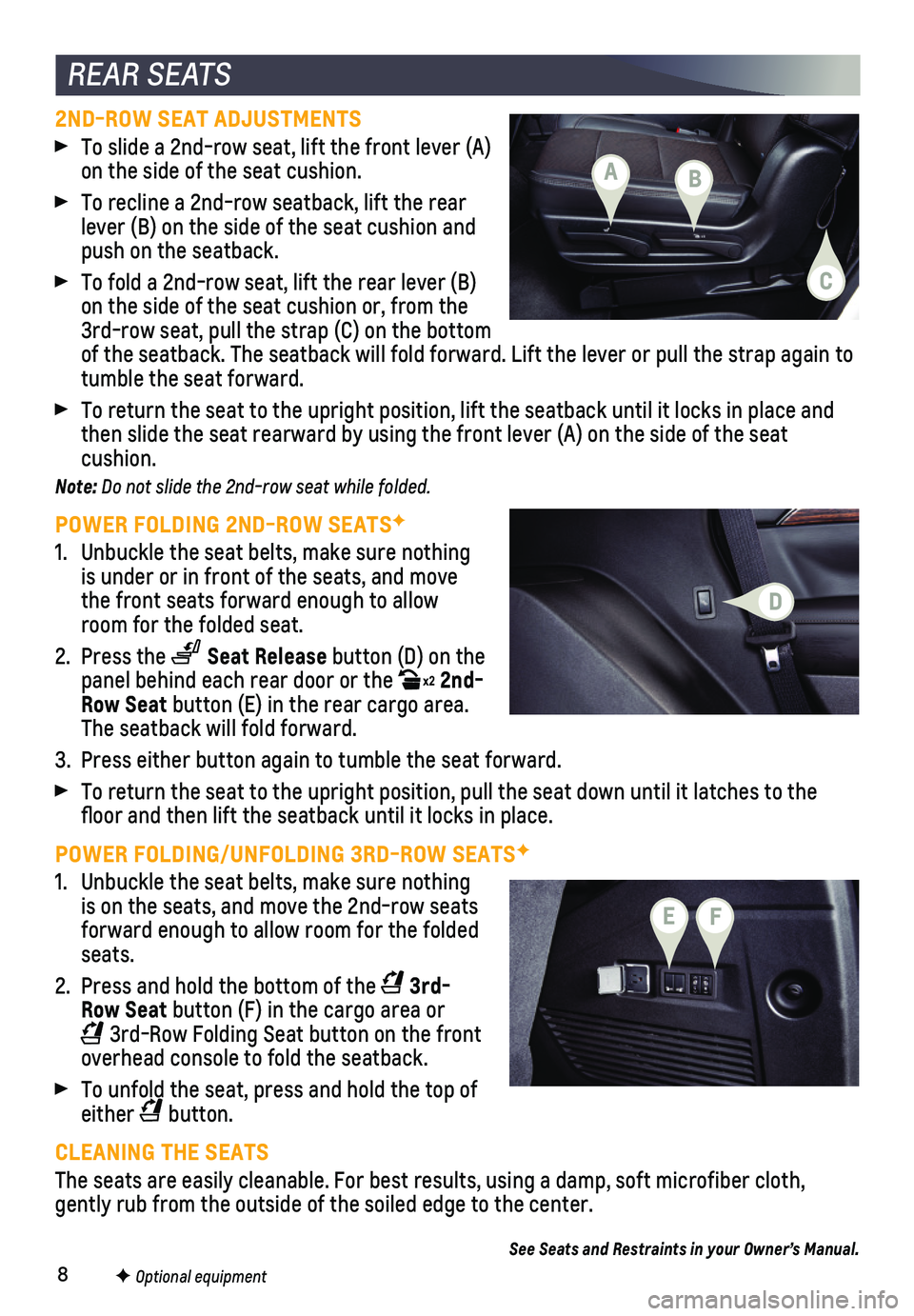 CHEVROLET SUBURBAN 2021  Get To Know Guide 8F Optional equipment
2ND-ROW SEAT ADJUSTMENTS
 To slide a 2nd-row seat, lift the front lever (A) on the side of the seat cushion.
 To recline a 2nd-row seatback, lift the rear lever (B) on the side o