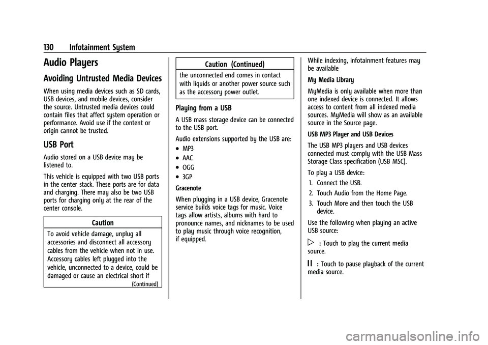 CHEVROLET TRAILBLAZER 2021 Owners Manual Chevrolet Trailblazer Owner Manual (GMNA-Localizing-U.S./Canada-
14400528) - 2021 - CRC - 11/7/19
130 Infotainment System
Audio Players
Avoiding Untrusted Media Devices
When using media devices such a CHEVROLET TRAILBLAZER 2021 Owners Manual Chevrolet Trailblazer Owner Manual (GMNA-Localizing-U.S./Canada-
14400528) - 2021 - CRC - 11/7/19
130 Infotainment System
Audio Players
Avoiding Untrusted Media Devices
When using media devices such a