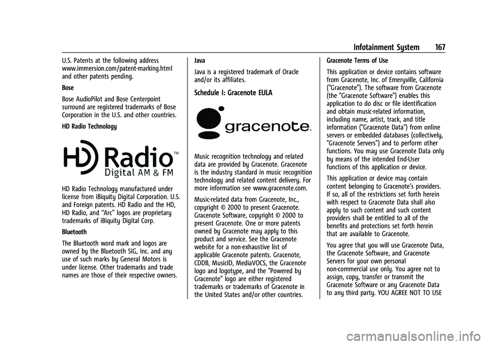 CHEVROLET TRAILBLAZER 2021 User Guide Chevrolet Trailblazer Owner Manual (GMNA-Localizing-U.S./Canada-
14400528) - 2021 - CRC - 11/7/19
Infotainment System 167
U.S. Patents at the following address
www.immersion.com/patent-marking.html
an