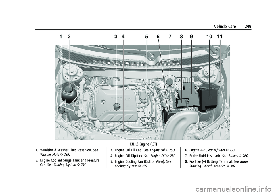 CHEVROLET TRAILBLAZER 2021  Owners Manual Chevrolet Trailblazer Owner Manual (GMNA-Localizing-U.S./Canada-
14400528) - 2021 - CRC - 11/7/19
Vehicle Care 249
1.3L L3 Engine (L3T)
1. Windshield Washer Fluid Reservoir. See Washer Fluid 0259.
2. 