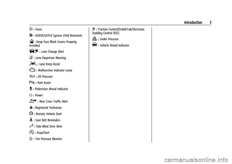 CHEVROLET TRAILBLAZER 2021  Owners Manual Chevrolet Trailblazer Owner Manual (GMNA-Localizing-U.S./Canada-
14400528) - 2021 - CRC - 11/7/19
Introduction 3
+:Fuses
j:ISOFIX/LATCH System Child Restraints
Q:Keep Fuse Block Covers Properly
Instal