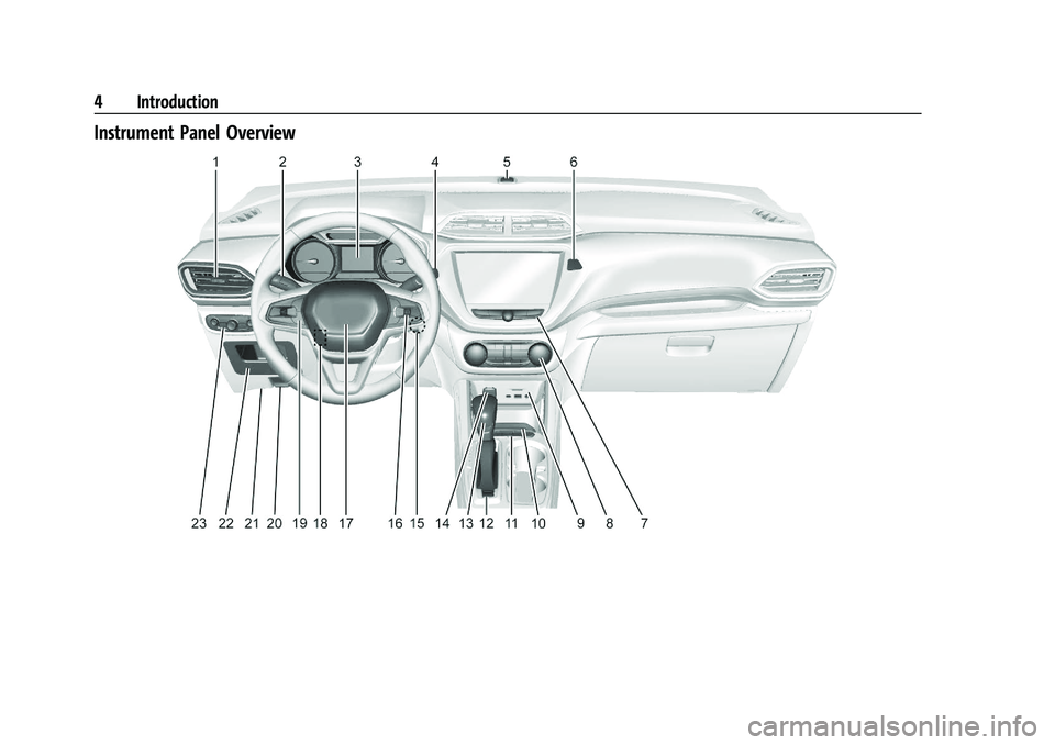 CHEVROLET TRAILBLAZER 2021 Owners Manual Chevrolet Trailblazer Owner Manual (GMNA-Localizing-U.S./Canada-
14400528) - 2021 - CRC - 11/7/19
4 Introduction
Instrument Panel Overview CHEVROLET TRAILBLAZER 2021 Owners Manual Chevrolet Trailblazer Owner Manual (GMNA-Localizing-U.S./Canada-
14400528) - 2021 - CRC - 11/7/19
4 Introduction
Instrument Panel Overview