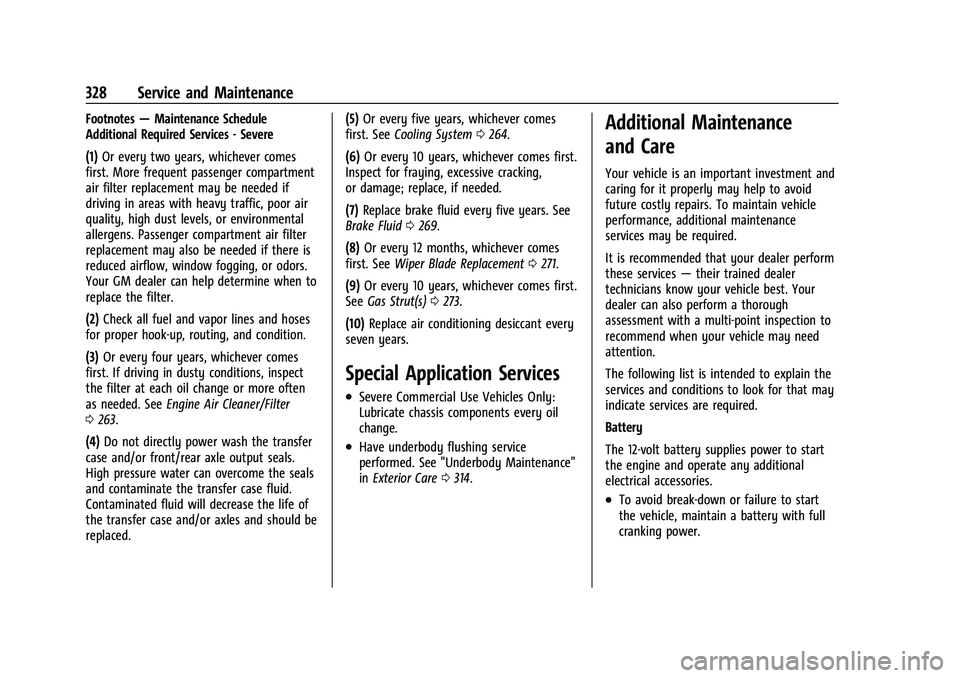CHEVROLET TRAVERSE 2021 Owners Guide Chevrolet Traverse Owner Manual (GMNA-Localizing-U.S./Canada/Mexico-
14637844) - 2021 - CRC - 3/26/21
328 Service and Maintenance
Footnotes—Maintenance Schedule
Additional Required Services - Severe CHEVROLET TRAVERSE 2021 Owners Guide Chevrolet Traverse Owner Manual (GMNA-Localizing-U.S./Canada/Mexico-
14637844) - 2021 - CRC - 3/26/21
328 Service and Maintenance
Footnotes—Maintenance Schedule
Additional Required Services - Severe