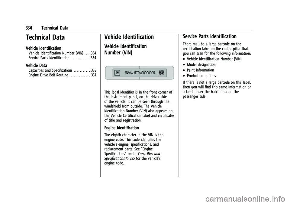 CHEVROLET TRAVERSE 2021 Owners Manual Chevrolet Traverse Owner Manual (GMNA-Localizing-U.S./Canada/Mexico-
14637844) - 2021 - CRC - 3/26/21
334 Technical Data
Technical Data
Vehicle Identification
Vehicle Identification Number (VIN) . . . CHEVROLET TRAVERSE 2021 Owners Manual Chevrolet Traverse Owner Manual (GMNA-Localizing-U.S./Canada/Mexico-
14637844) - 2021 - CRC - 3/26/21
334 Technical Data
Technical Data
Vehicle Identification
Vehicle Identification Number (VIN) . . .