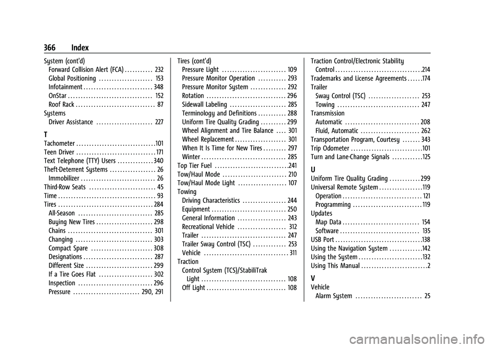CHEVROLET TRAVERSE 2021 Owners Manual Chevrolet Traverse Owner Manual (GMNA-Localizing-U.S./Canada/Mexico-
14637844) - 2021 - CRC - 3/26/21
366 Index
System (cont'd)Forward Collision Alert (FCA) . . . . . . . . . . . 232
Global Positi CHEVROLET TRAVERSE 2021 Owners Manual Chevrolet Traverse Owner Manual (GMNA-Localizing-U.S./Canada/Mexico-
14637844) - 2021 - CRC - 3/26/21
366 Index
System (cont'd)Forward Collision Alert (FCA) . . . . . . . . . . . 232
Global Positi