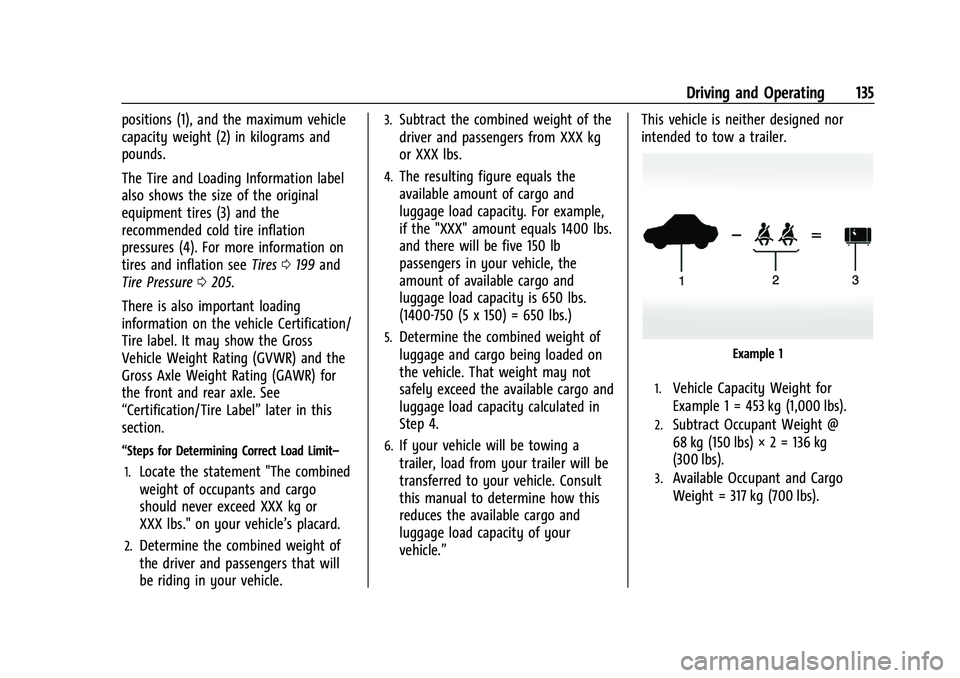 CHEVROLET TRAX 2021 Owners Manual Chevrolet TRAX Owner Manual (GMNA-Localizing-U.S./Canada-14609828) -
2021 - CRC - 8/21/20
Driving and Operating 135
positions (1), and the maximum vehicle
capacity weight (2) in kilograms and
pounds.
CHEVROLET TRAX 2021 Owners Manual Chevrolet TRAX Owner Manual (GMNA-Localizing-U.S./Canada-14609828) -
2021 - CRC - 8/21/20
Driving and Operating 135
positions (1), and the maximum vehicle
capacity weight (2) in kilograms and
pounds.