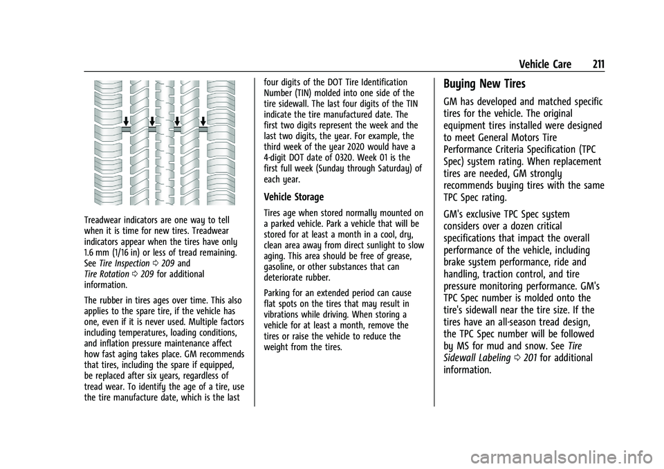 CHEVROLET TRAX 2021 Owners Manual Chevrolet TRAX Owner Manual (GMNA-Localizing-U.S./Canada-14609828) -
2021 - CRC - 8/21/20
Vehicle Care 211
Treadwear indicators are one way to tell
when it is time for new tires. Treadwear
indicators CHEVROLET TRAX 2021 Owners Manual Chevrolet TRAX Owner Manual (GMNA-Localizing-U.S./Canada-14609828) -
2021 - CRC - 8/21/20
Vehicle Care 211
Treadwear indicators are one way to tell
when it is time for new tires. Treadwear
indicators