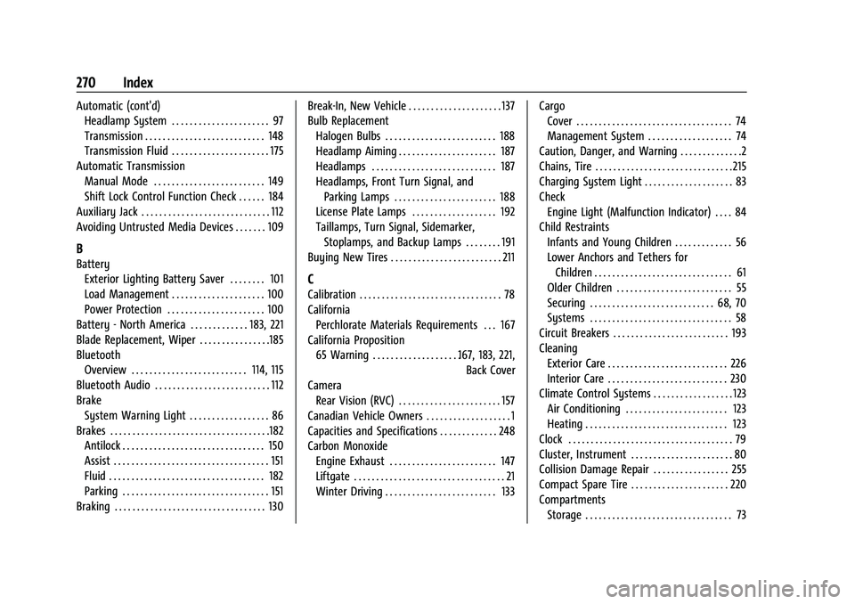 CHEVROLET TRAX 2021  Owners Manual Chevrolet TRAX Owner Manual (GMNA-Localizing-U.S./Canada-14609828) -
2021 - CRC - 8/21/20
270 Index
Automatic (cont'd)Headlamp System . . . . . . . . . . . . . . . . . . . . . . 97
Transmission . 