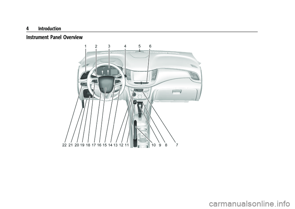 CHEVROLET TRAX 2021 Owners Manual Chevrolet TRAX Owner Manual (GMNA-Localizing-U.S./Canada-14609828) -
2021 - CRC - 8/21/20
4 Introduction
Instrument Panel Overview CHEVROLET TRAX 2021 Owners Manual Chevrolet TRAX Owner Manual (GMNA-Localizing-U.S./Canada-14609828) -
2021 - CRC - 8/21/20
4 Introduction
Instrument Panel Overview