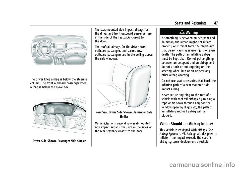 CHEVROLET TRAX 2021 Owners Manual Chevrolet TRAX Owner Manual (GMNA-Localizing-U.S./Canada-14609828) -
2021 - CRC - 8/21/20
Seats and Restraints 47
The driver knee airbag is below the steering
column. The front outboard passenger knee CHEVROLET TRAX 2021 Owners Manual Chevrolet TRAX Owner Manual (GMNA-Localizing-U.S./Canada-14609828) -
2021 - CRC - 8/21/20
Seats and Restraints 47
The driver knee airbag is below the steering
column. The front outboard passenger knee