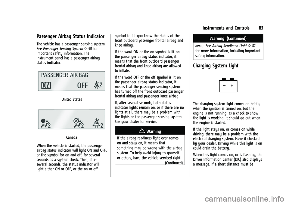 CHEVROLET TRAX 2021 User Guide Chevrolet TRAX Owner Manual (GMNA-Localizing-U.S./Canada-14609828) -
2021 - CRC - 8/21/20
Instruments and Controls 83
Passenger Airbag Status Indicator
The vehicle has a passenger sensing system.
SeeP
