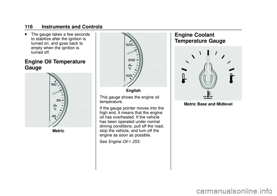 CHEVROLET BLAZER 2020  Owners Manual Chevrolet Blazer Owner Manual (GMNA-Localizing-U.S./Canada/Mexico-
13557845) - 2020 - CRC - 3/24/20
116 Instruments and Controls
.The gauge takes a few seconds
to stabilize after the ignition is
turne