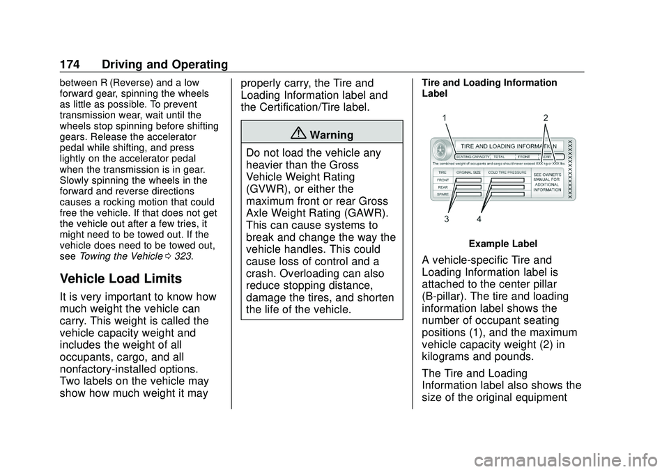 CHEVROLET BLAZER 2020  Owners Manual Chevrolet Blazer Owner Manual (GMNA-Localizing-U.S./Canada/Mexico-
13557845) - 2020 - CRC - 3/24/20
174 Driving and Operating
between R (Reverse) and a low
forward gear, spinning the wheels
as little 