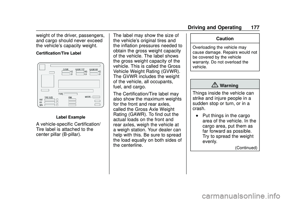 CHEVROLET BLAZER 2020  Owners Manual Chevrolet Blazer Owner Manual (GMNA-Localizing-U.S./Canada/Mexico-
13557845) - 2020 - CRC - 3/24/20
Driving and Operating 177
weight of the driver, passengers,
and cargo should never exceed
the vehicl