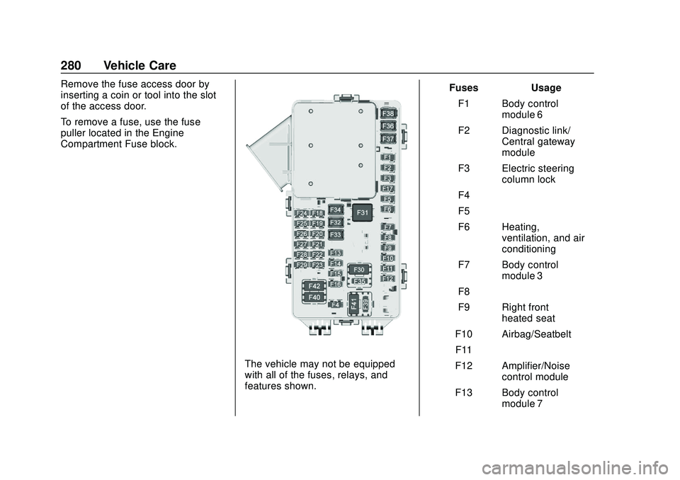 CHEVROLET BLAZER 2020 Owners Manual Chevrolet Blazer Owner Manual (GMNA-Localizing-U.S./Canada/Mexico-
13557845) - 2020 - CRC - 3/24/20
280 Vehicle Care
Remove the fuse access door by
inserting a coin or tool into the slot
of the access CHEVROLET BLAZER 2020 Owners Manual Chevrolet Blazer Owner Manual (GMNA-Localizing-U.S./Canada/Mexico-
13557845) - 2020 - CRC - 3/24/20
280 Vehicle Care
Remove the fuse access door by
inserting a coin or tool into the slot
of the access