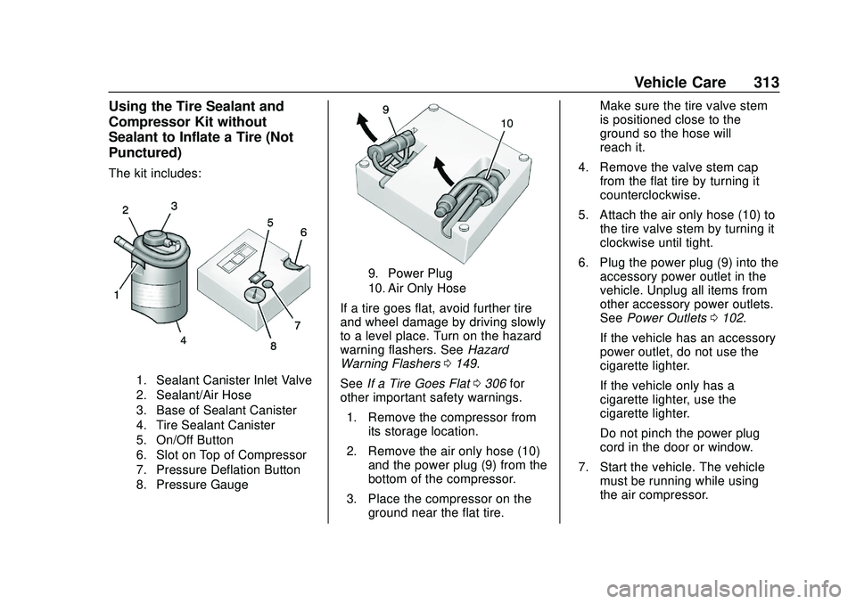CHEVROLET BLAZER 2020 Owners Manual Chevrolet Blazer Owner Manual (GMNA-Localizing-U.S./Canada/Mexico-
13557845) - 2020 - CRC - 3/24/20
Vehicle Care 313
Using the Tire Sealant and
Compressor Kit without
Sealant to Inflate a Tire (Not
Pu CHEVROLET BLAZER 2020 Owners Manual Chevrolet Blazer Owner Manual (GMNA-Localizing-U.S./Canada/Mexico-
13557845) - 2020 - CRC - 3/24/20
Vehicle Care 313
Using the Tire Sealant and
Compressor Kit without
Sealant to Inflate a Tire (Not
Pu