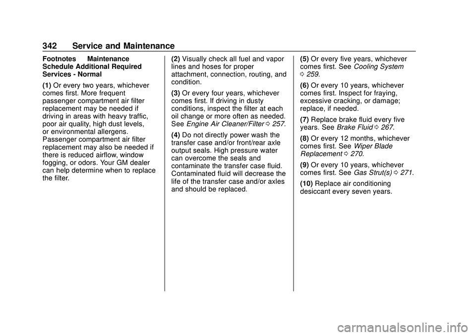 CHEVROLET BLAZER 2020 Owners Manual Chevrolet Blazer Owner Manual (GMNA-Localizing-U.S./Canada/Mexico-
13557845) - 2020 - CRC - 3/24/20
342 Service and Maintenance
Footnotes—Maintenance
Schedule Additional Required
Services - Normal
( CHEVROLET BLAZER 2020 Owners Manual Chevrolet Blazer Owner Manual (GMNA-Localizing-U.S./Canada/Mexico-
13557845) - 2020 - CRC - 3/24/20
342 Service and Maintenance
Footnotes—Maintenance
Schedule Additional Required
Services - Normal
(
