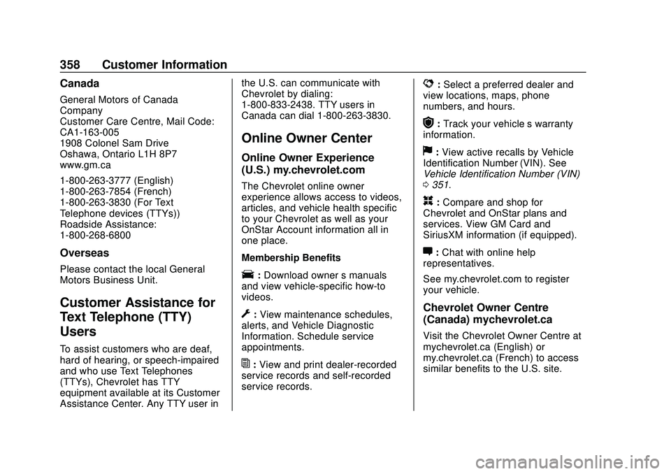 CHEVROLET BLAZER 2020 Owners Manual Chevrolet Blazer Owner Manual (GMNA-Localizing-U.S./Canada/Mexico-
13557845) - 2020 - CRC - 3/26/20
358 Customer Information
Canada
General Motors of Canada
Company
Customer Care Centre, Mail Code:
CA CHEVROLET BLAZER 2020 Owners Manual Chevrolet Blazer Owner Manual (GMNA-Localizing-U.S./Canada/Mexico-
13557845) - 2020 - CRC - 3/26/20
358 Customer Information
Canada
General Motors of Canada
Company
Customer Care Centre, Mail Code:
CA