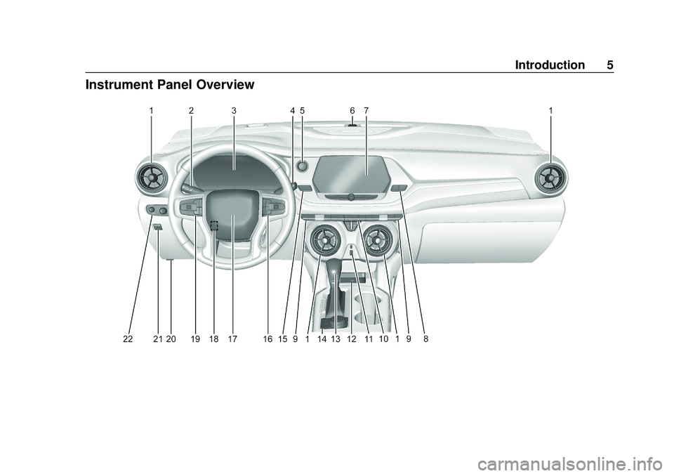 CHEVROLET BLAZER 2020 Owners Manual Chevrolet Blazer Owner Manual (GMNA-Localizing-U.S./Canada/Mexico-
13557845) - 2020 - CRC - 3/24/20
Introduction 5
Instrument Panel Overview CHEVROLET BLAZER 2020 Owners Manual Chevrolet Blazer Owner Manual (GMNA-Localizing-U.S./Canada/Mexico-
13557845) - 2020 - CRC - 3/24/20
Introduction 5
Instrument Panel Overview