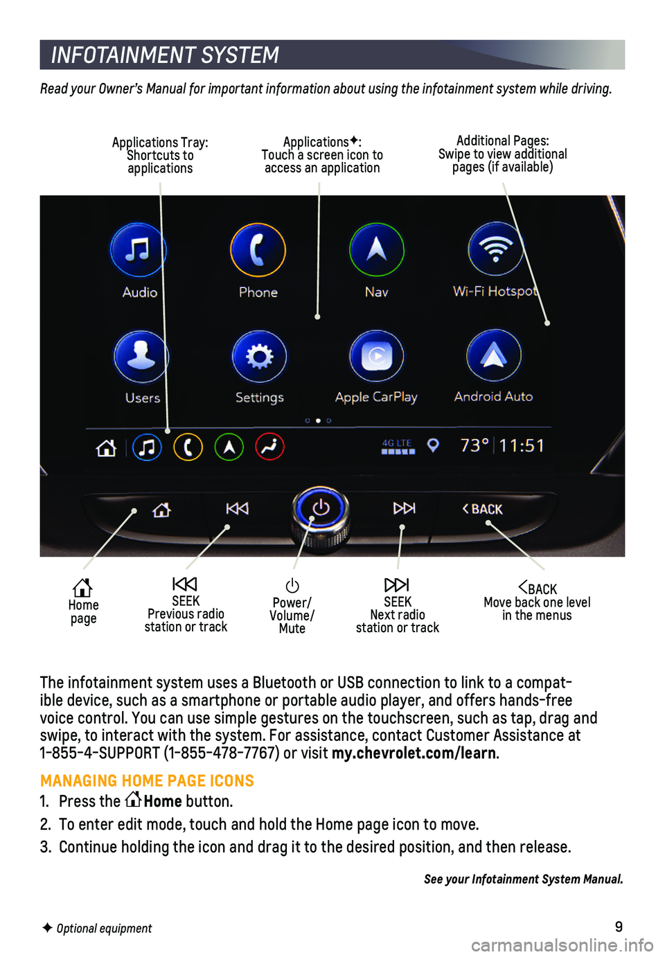 CHEVROLET BLAZER 2020 Get To Know Guide 9F Optional equipment
INFOTAINMENT SYSTEM
Read your Owner’s Manual for important information about using the infotainment system while driving.
The infotainment system uses a Bluetooth or USB con CHEVROLET BLAZER 2020 Get To Know Guide 9F Optional equipment
INFOTAINMENT SYSTEM
Read your Owner’s Manual for important information about using the infotainment system while driving.
The infotainment system uses a Bluetooth or USB con
