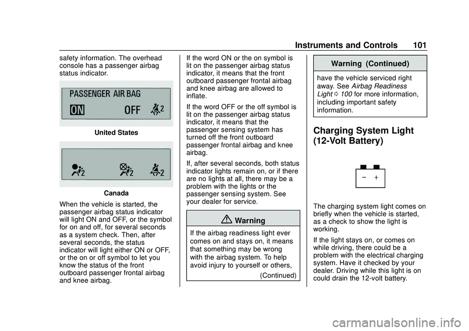 CHEVROLET BOLT EV 2020 Owners Manual Chevrolet BOLT EV Owner Manual (GMNA-Localizing-U.S./Canada/Mexico-
13556250) - 2020 - CRC - 2/11/20
Instruments and Controls 101
safety information. The overhead
console has a passenger airbag
status CHEVROLET BOLT EV 2020 Owners Manual Chevrolet BOLT EV Owner Manual (GMNA-Localizing-U.S./Canada/Mexico-
13556250) - 2020 - CRC - 2/11/20
Instruments and Controls 101
safety information. The overhead
console has a passenger airbag
status