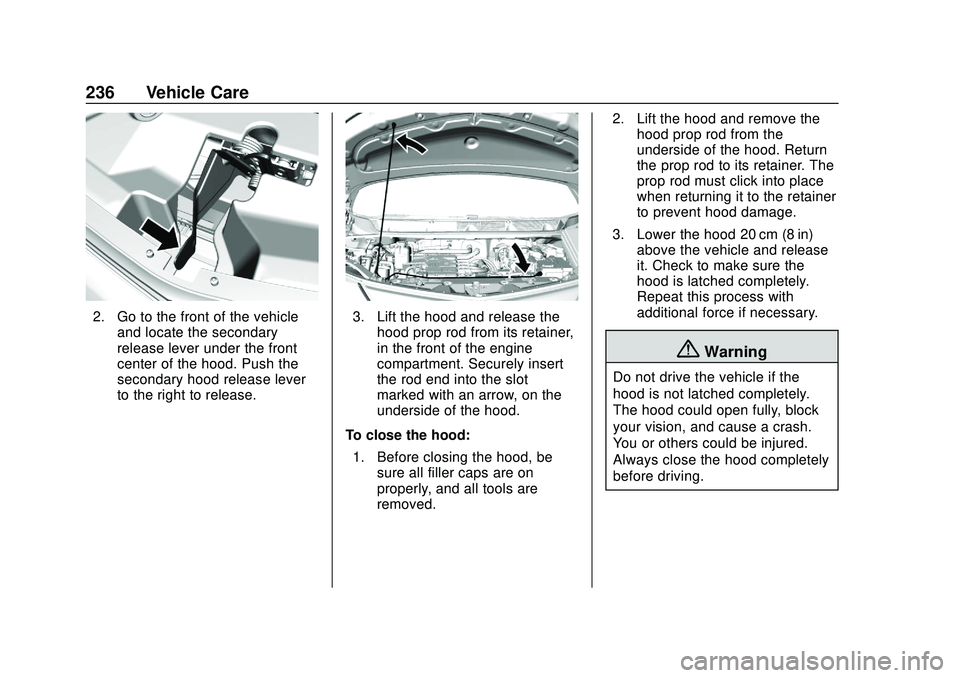 CHEVROLET BOLT EV 2020  Owners Manual Chevrolet BOLT EV Owner Manual (GMNA-Localizing-U.S./Canada/Mexico-
13556250) - 2020 - CRC - 2/11/20
236 Vehicle Care
2. Go to the front of the vehicleand locate the secondary
release lever under the 