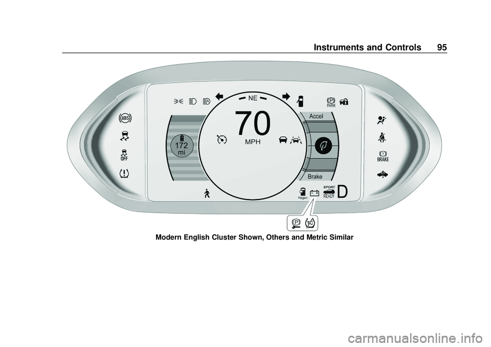 CHEVROLET BOLT EV 2020 Owners Manual Chevrolet BOLT EV Owner Manual (GMNA-Localizing-U.S./Canada/Mexico-
13556250) - 2020 - CRC - 2/11/20
Instruments and Controls 95
Modern English Cluster Shown, Others and Metric Similar CHEVROLET BOLT EV 2020 Owners Manual Chevrolet BOLT EV Owner Manual (GMNA-Localizing-U.S./Canada/Mexico-
13556250) - 2020 - CRC - 2/11/20
Instruments and Controls 95
Modern English Cluster Shown, Others and Metric Similar