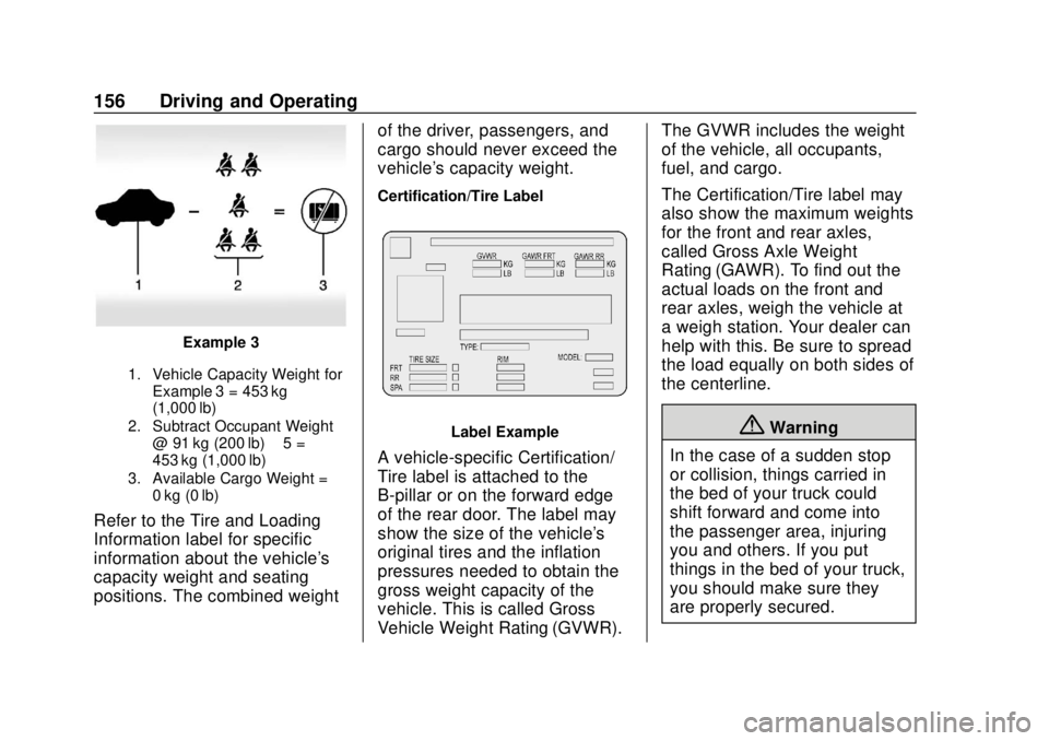 CHEVROLET COLORADO 2020  Owners Manual Chevrolet Colorado Owner Manual (GMNA-Localizing-U.S./Canada/Mexico-
13566640) - 2020 - CRC - 9/30/19
156 Driving and Operating
Example 3
1. Vehicle Capacity Weight forExample 3 = 453 kg
(1,000 lb)
2.
