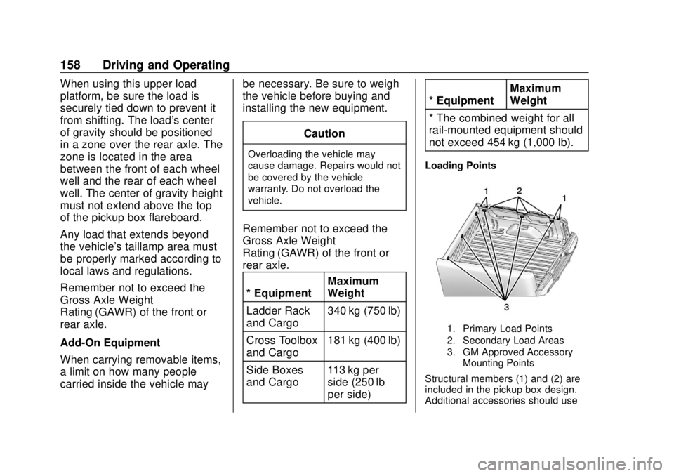 CHEVROLET COLORADO 2020  Owners Manual Chevrolet Colorado Owner Manual (GMNA-Localizing-U.S./Canada/Mexico-
13566640) - 2020 - CRC - 9/30/19
158 Driving and Operating
When using this upper load
platform, be sure the load is
securely tied d