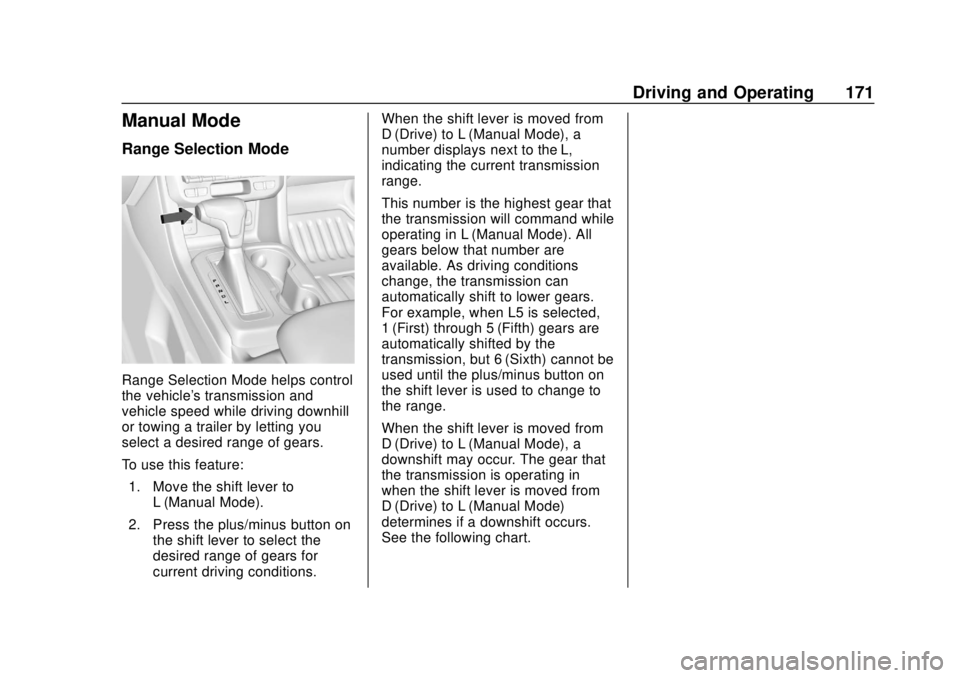 CHEVROLET COLORADO 2020 Owners Manual Chevrolet Colorado Owner Manual (GMNA-Localizing-U.S./Canada/Mexico-
13566640) - 2020 - CRC - 9/30/19
Driving and Operating 171
Manual Mode
Range Selection Mode
Range Selection Mode helps control
the CHEVROLET COLORADO 2020 Owners Manual Chevrolet Colorado Owner Manual (GMNA-Localizing-U.S./Canada/Mexico-
13566640) - 2020 - CRC - 9/30/19
Driving and Operating 171
Manual Mode
Range Selection Mode
Range Selection Mode helps control
the