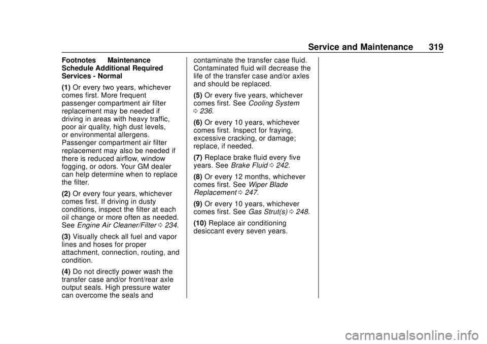 CHEVROLET COLORADO 2020 Owners Manual Chevrolet Colorado Owner Manual (GMNA-Localizing-U.S./Canada/Mexico-
13566640) - 2020 - CRC - 9/30/19
Service and Maintenance 319
Footnotes—Maintenance
Schedule Additional Required
Services - Normal CHEVROLET COLORADO 2020 Owners Manual Chevrolet Colorado Owner Manual (GMNA-Localizing-U.S./Canada/Mexico-
13566640) - 2020 - CRC - 9/30/19
Service and Maintenance 319
Footnotes—Maintenance
Schedule Additional Required
Services - Normal
