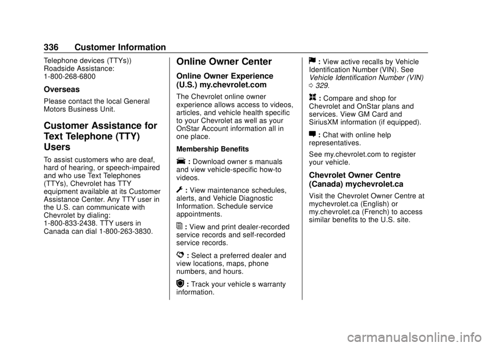CHEVROLET COLORADO 2020 Owners Manual Chevrolet Colorado Owner Manual (GMNA-Localizing-U.S./Canada/Mexico-
13566640) - 2020 - CRC - 9/30/19
336 Customer Information
Telephone devices (TTYs))
Roadside Assistance:
1-800-268-6800
Overseas
Pl CHEVROLET COLORADO 2020 Owners Manual Chevrolet Colorado Owner Manual (GMNA-Localizing-U.S./Canada/Mexico-
13566640) - 2020 - CRC - 9/30/19
336 Customer Information
Telephone devices (TTYs))
Roadside Assistance:
1-800-268-6800
Overseas
Pl
