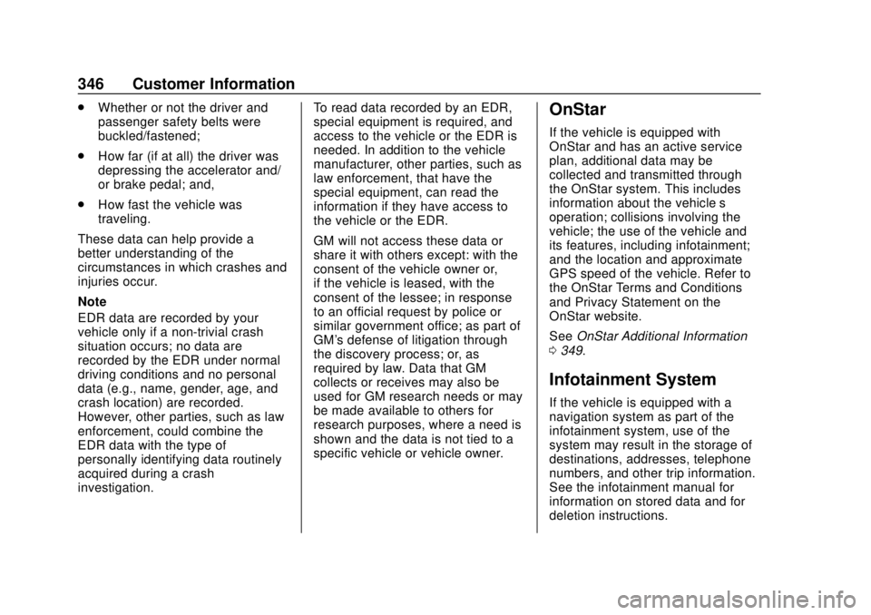 CHEVROLET COLORADO 2020 Owners Manual Chevrolet Colorado Owner Manual (GMNA-Localizing-U.S./Canada/Mexico-
13566640) - 2020 - CRC - 9/30/19
346 Customer Information
.Whether or not the driver and
passenger safety belts were
buckled/fasten CHEVROLET COLORADO 2020 Owners Manual Chevrolet Colorado Owner Manual (GMNA-Localizing-U.S./Canada/Mexico-
13566640) - 2020 - CRC - 9/30/19
346 Customer Information
.Whether or not the driver and
passenger safety belts were
buckled/fasten