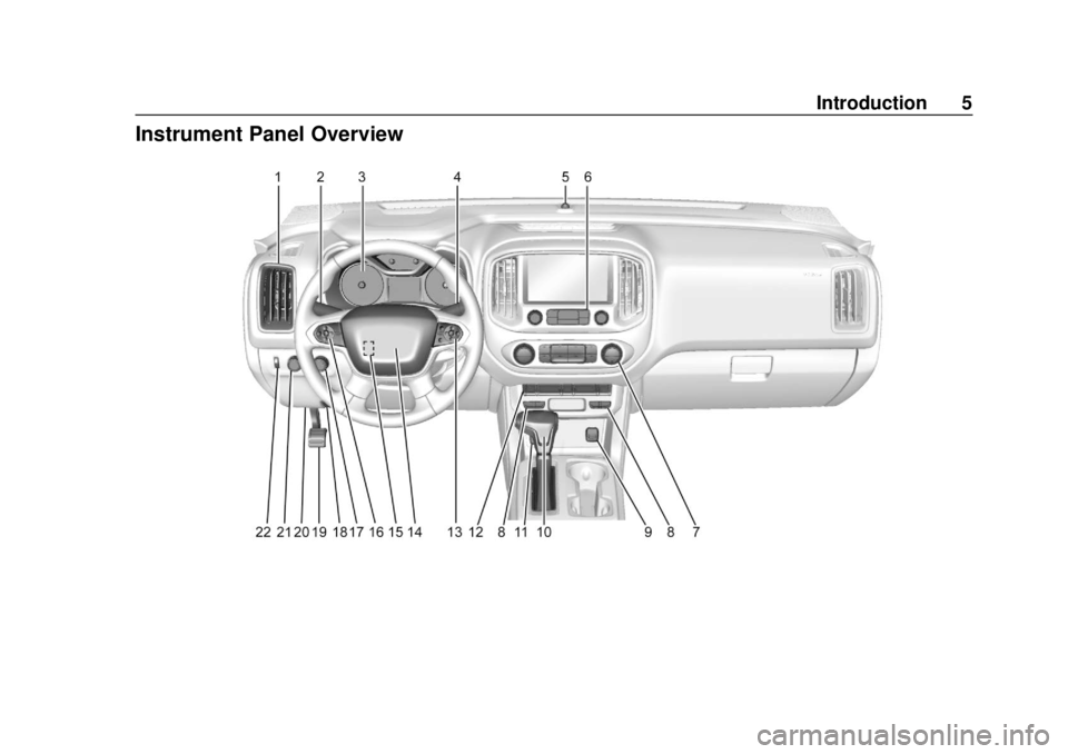 CHEVROLET COLORADO 2020 Owners Manual Chevrolet Colorado Owner Manual (GMNA-Localizing-U.S./Canada/Mexico-
13566640) - 2020 - CRC - 9/30/19
Introduction 5
Instrument Panel Overview CHEVROLET COLORADO 2020 Owners Manual Chevrolet Colorado Owner Manual (GMNA-Localizing-U.S./Canada/Mexico-
13566640) - 2020 - CRC - 9/30/19
Introduction 5
Instrument Panel Overview