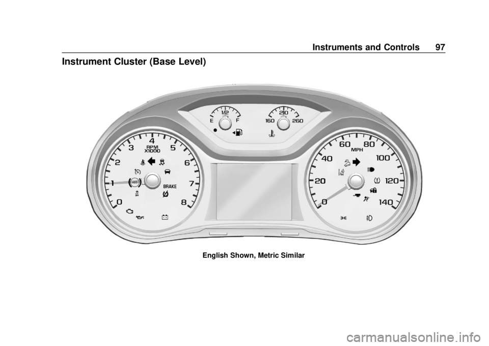 CHEVROLET COLORADO 2020 Owners Manual Chevrolet Colorado Owner Manual (GMNA-Localizing-U.S./Canada/Mexico-
13566640) - 2020 - CRC - 9/30/19
Instruments and Controls 97
Instrument Cluster (Base Level)
English Shown, Metric Similar CHEVROLET COLORADO 2020 Owners Manual Chevrolet Colorado Owner Manual (GMNA-Localizing-U.S./Canada/Mexico-
13566640) - 2020 - CRC - 9/30/19
Instruments and Controls 97
Instrument Cluster (Base Level)
English Shown, Metric Similar