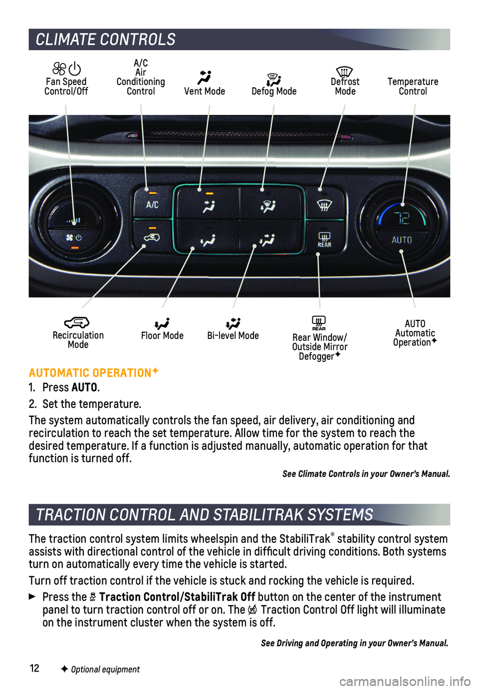 CHEVROLET COLORADO 2020  Get To Know Guide 12
CLIMATE CONTROLS
AUTOMATIC OPERATIONF
1. Press AUTO.
2. Set the temperature. 
The system automatically controls the fan speed, air delivery, air condi\
tioning and  
recirculation to reach the set 