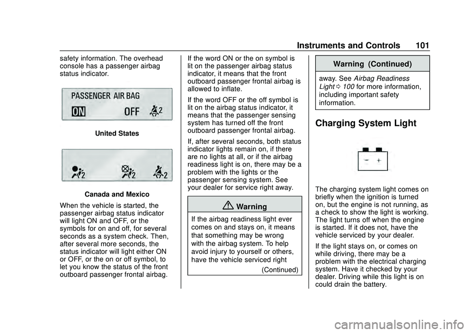 CHEVROLET CORVETTE 2020  Owners Manual Chevrolet Corvette Owner Manual (GMNA-Localizing-U.S./Canada/Mexico-
12470550) - 2020 - CRC - 4/23/20
Instruments and Controls 101
safety information. The overhead
console has a passenger airbag
statu