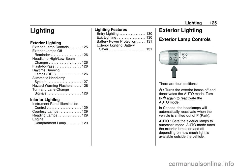 CHEVROLET CORVETTE 2020 Owners Manual Chevrolet Corvette Owner Manual (GMNA-Localizing-U.S./Canada/Mexico-
12470550) - 2020 - CRC - 4/23/20
Lighting 125
Lighting
Exterior Lighting
Exterior Lamp Controls . . . . . . . 125
Exterior Lamps Of CHEVROLET CORVETTE 2020 Owners Manual Chevrolet Corvette Owner Manual (GMNA-Localizing-U.S./Canada/Mexico-
12470550) - 2020 - CRC - 4/23/20
Lighting 125
Lighting
Exterior Lighting
Exterior Lamp Controls . . . . . . . 125
Exterior Lamps Of