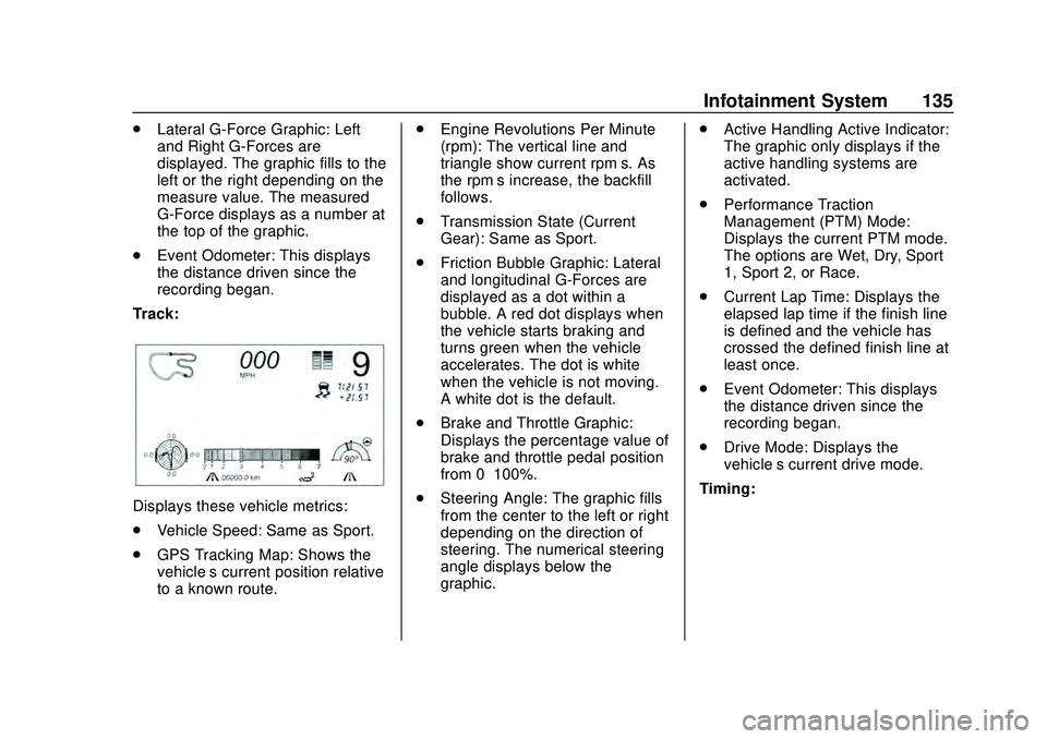 CHEVROLET CORVETTE 2020  Owners Manual Chevrolet Corvette Owner Manual (GMNA-Localizing-U.S./Canada/Mexico-
12470550) - 2020 - CRC - 4/23/20
Infotainment System 135
.Lateral G-Force Graphic: Left
and Right G-Forces are
displayed. The graph