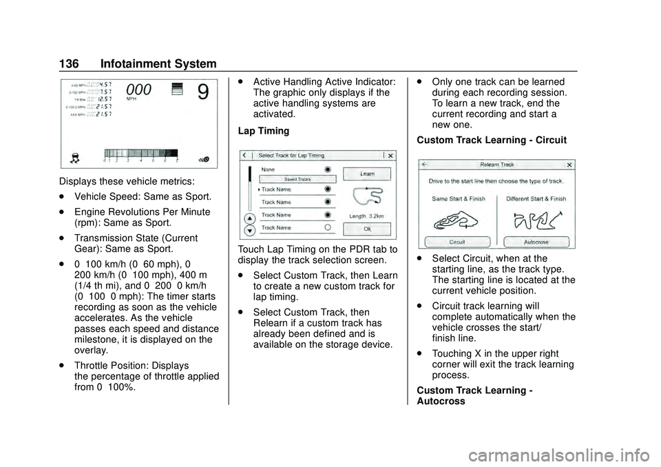 CHEVROLET CORVETTE 2020  Owners Manual Chevrolet Corvette Owner Manual (GMNA-Localizing-U.S./Canada/Mexico-
12470550) - 2020 - CRC - 4/23/20
136 Infotainment System
Displays these vehicle metrics:
.Vehicle Speed: Same as Sport.
. Engine Re