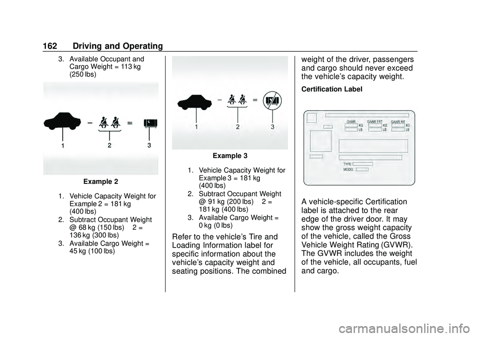 CHEVROLET CORVETTE 2020  Owners Manual Chevrolet Corvette Owner Manual (GMNA-Localizing-U.S./Canada/Mexico-
12470550) - 2020 - CRC - 4/23/20
162 Driving and Operating
3. Available Occupant andCargo Weight = 113 kg
(250 lbs)
Example 2
1. Ve