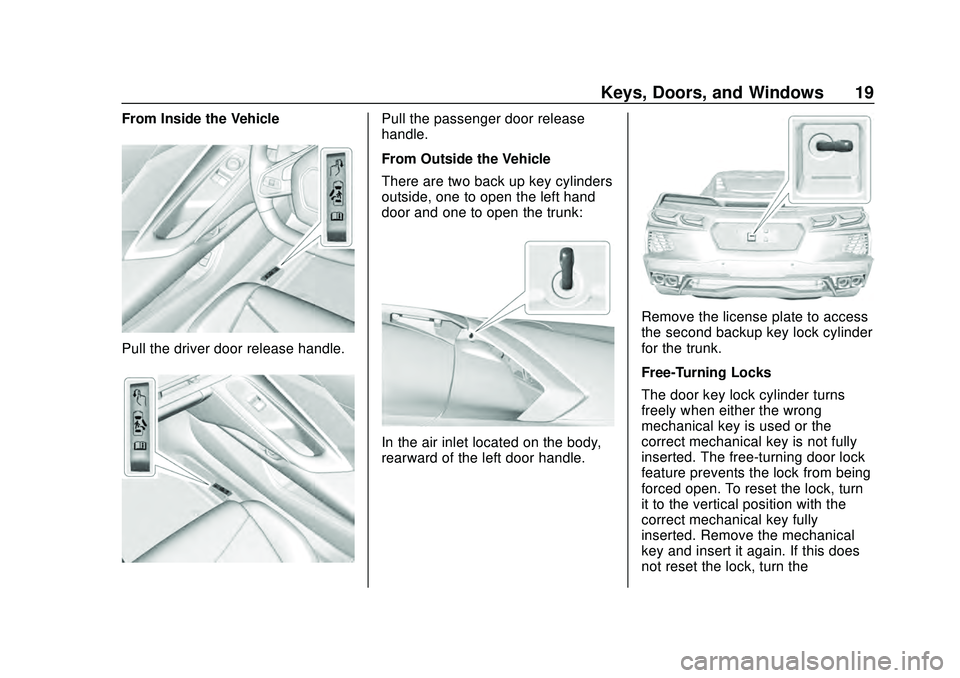 CHEVROLET CORVETTE 2020 User Guide Chevrolet Corvette Owner Manual (GMNA-Localizing-U.S./Canada/Mexico-
12470550) - 2020 - CRC - 4/23/20
Keys, Doors, and Windows 19
From Inside the Vehicle
Pull the driver door release handle.
Pull the 