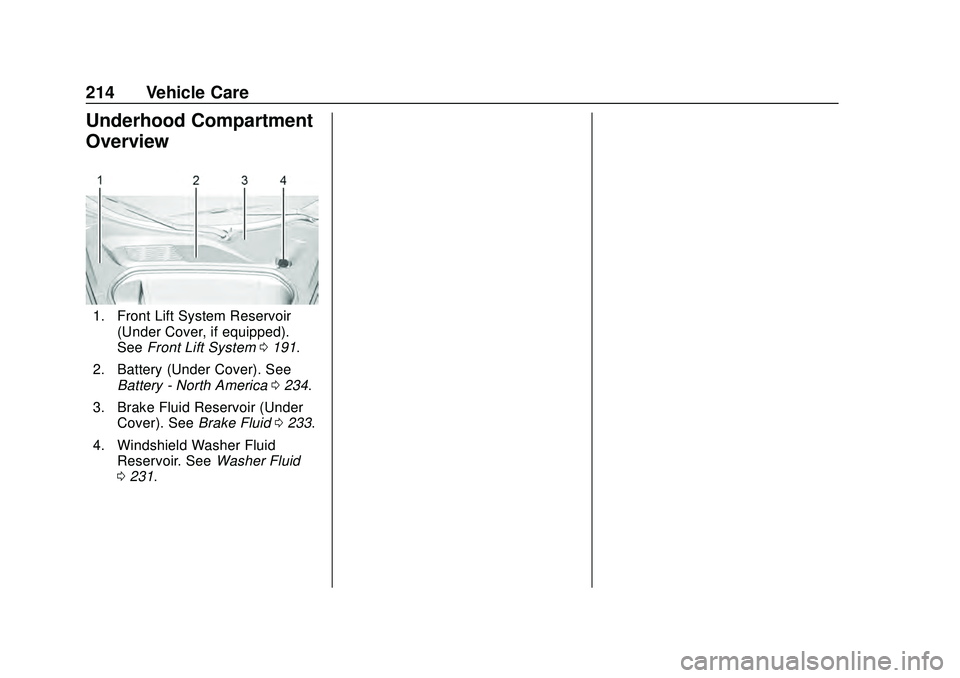 CHEVROLET CORVETTE 2020 Owners Manual Chevrolet Corvette Owner Manual (GMNA-Localizing-U.S./Canada/Mexico-
12470550) - 2020 - CRC - 4/23/20
214 Vehicle Care
Underhood Compartment
Overview
1. Front Lift System Reservoir(Under Cover, if equ CHEVROLET CORVETTE 2020 Owners Manual Chevrolet Corvette Owner Manual (GMNA-Localizing-U.S./Canada/Mexico-
12470550) - 2020 - CRC - 4/23/20
214 Vehicle Care
Underhood Compartment
Overview
1. Front Lift System Reservoir(Under Cover, if equ