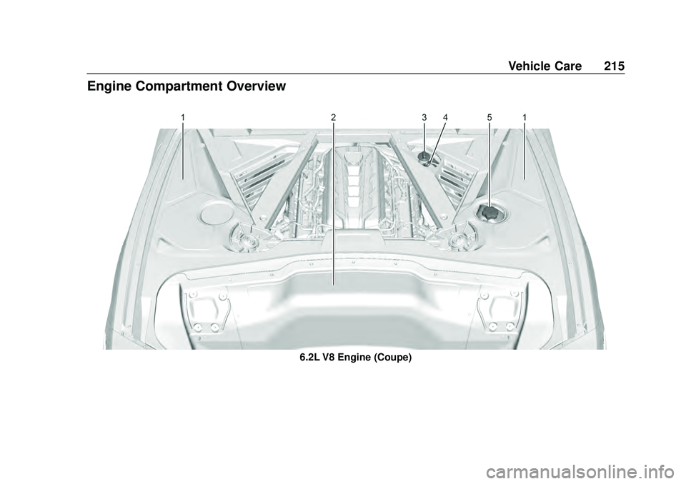 CHEVROLET CORVETTE 2020 Owners Manual Chevrolet Corvette Owner Manual (GMNA-Localizing-U.S./Canada/Mexico-
12470550) - 2020 - CRC - 4/23/20
Vehicle Care 215
Engine Compartment Overview
6.2L V8 Engine (Coupe) CHEVROLET CORVETTE 2020 Owners Manual Chevrolet Corvette Owner Manual (GMNA-Localizing-U.S./Canada/Mexico-
12470550) - 2020 - CRC - 4/23/20
Vehicle Care 215
Engine Compartment Overview
6.2L V8 Engine (Coupe)