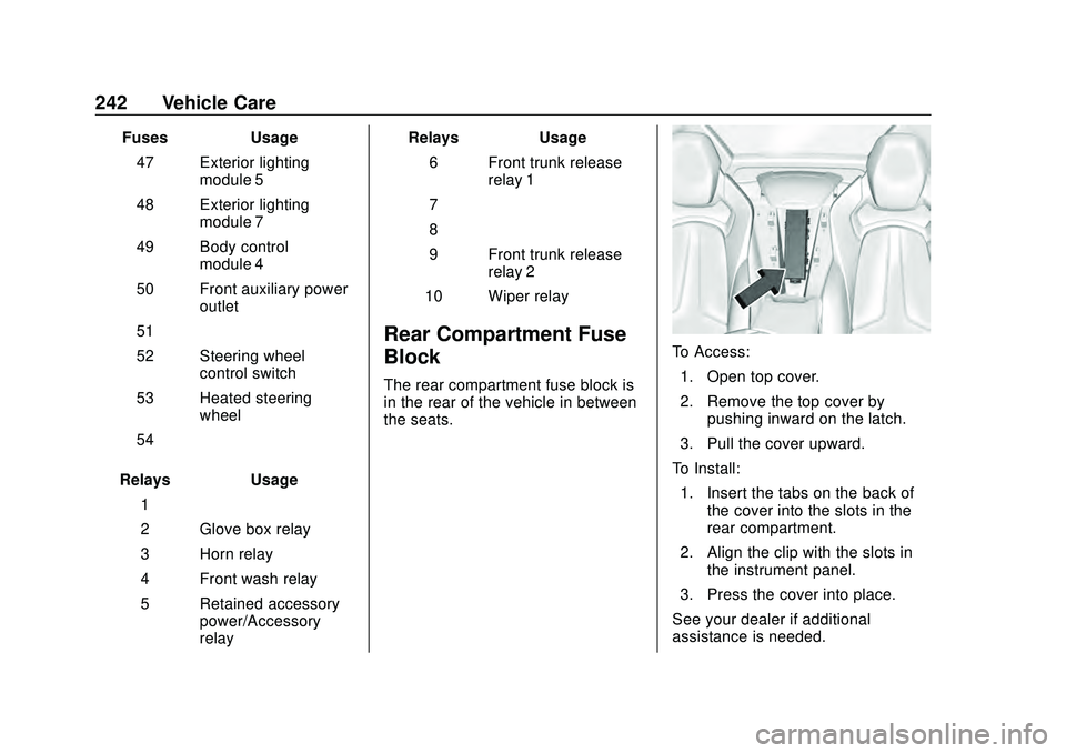 CHEVROLET CORVETTE 2020  Owners Manual Chevrolet Corvette Owner Manual (GMNA-Localizing-U.S./Canada/Mexico-
12470550) - 2020 - CRC - 4/23/20
242 Vehicle Care
FusesUsage
47 Exterior lighting module 5
48 Exterior lighting module 7
49 Body co