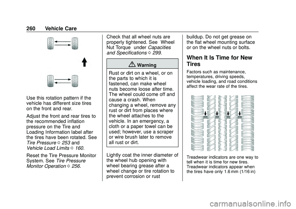 CHEVROLET CORVETTE 2020  Owners Manual Chevrolet Corvette Owner Manual (GMNA-Localizing-U.S./Canada/Mexico-
12470550) - 2020 - CRC - 4/23/20
260 Vehicle Care
Use this rotation pattern if the
vehicle has different size tires
on the front an