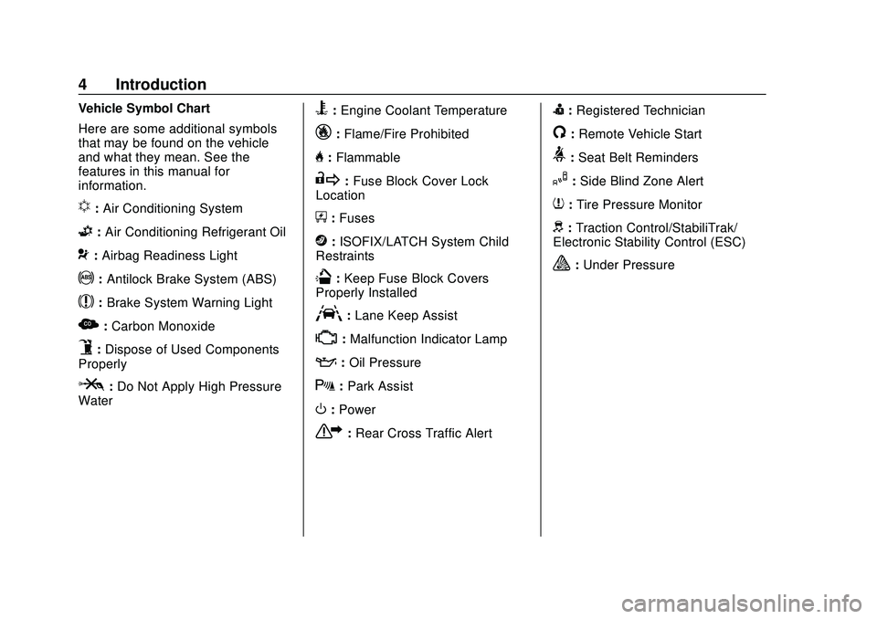 CHEVROLET CORVETTE 2020 Owners Manual Chevrolet Corvette Owner Manual (GMNA-Localizing-U.S./Canada/Mexico-
12470550) - 2020 - CRC - 4/23/20
4 Introduction
Vehicle Symbol Chart
Here are some additional symbols
that may be found on the vehi CHEVROLET CORVETTE 2020 Owners Manual Chevrolet Corvette Owner Manual (GMNA-Localizing-U.S./Canada/Mexico-
12470550) - 2020 - CRC - 4/23/20
4 Introduction
Vehicle Symbol Chart
Here are some additional symbols
that may be found on the vehi