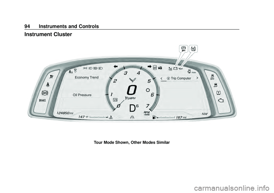 CHEVROLET CORVETTE 2020  Owners Manual Chevrolet Corvette Owner Manual (GMNA-Localizing-U.S./Canada/Mexico-
12470550) - 2020 - CRC - 4/23/20
94 Instruments and Controls
Instrument Cluster
Tour Mode Shown, Other Modes Similar 