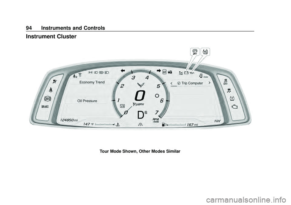 CHEVROLET CORVETTE 2020 Owners Manual Chevrolet Corvette Owner Manual (GMNA-Localizing-U.S./Canada/Mexico-
12470550) - 2020 - CRC - 4/23/20
94 Instruments and Controls
Instrument Cluster
Tour Mode Shown, Other Modes Similar CHEVROLET CORVETTE 2020 Owners Manual Chevrolet Corvette Owner Manual (GMNA-Localizing-U.S./Canada/Mexico-
12470550) - 2020 - CRC - 4/23/20
94 Instruments and Controls
Instrument Cluster
Tour Mode Shown, Other Modes Similar